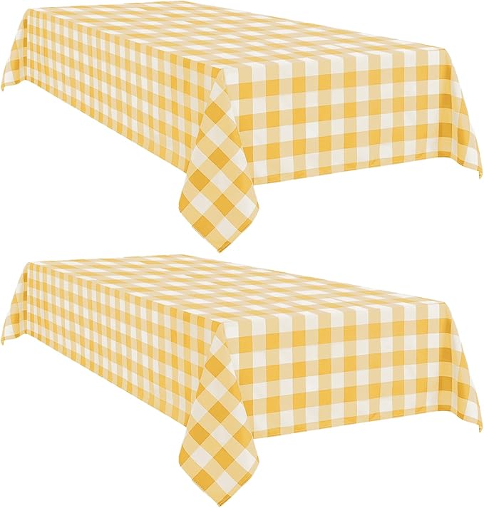 Softalker Gingham Checkered Tablecloth Rectangle - Outdoor Waterproof Buffalo Plaid Table Cloth, Stain Resistant Washable Table Cover for Picnic, Camping - Yellow and White, 2 Pack - 60 x 84 Inch