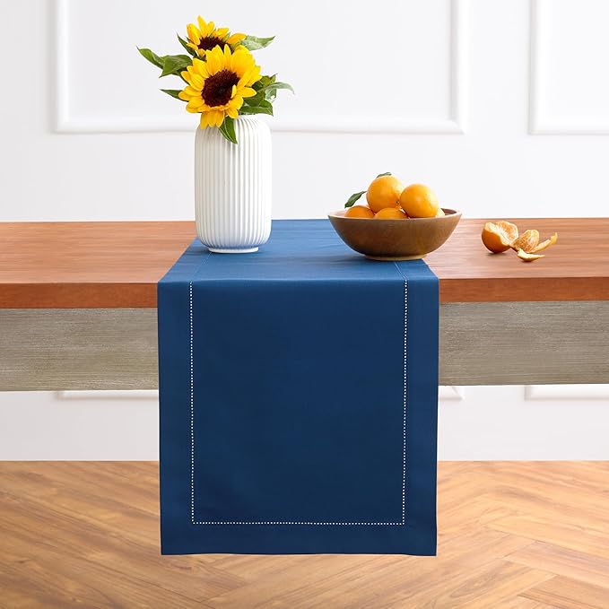 Solino Home Cotton Linen Table Runner 36 Inches - Lapis Blue Hemstitch Table Runner 14 x 36 Inch Ideal for Dresser and Coffee Tables - Winter