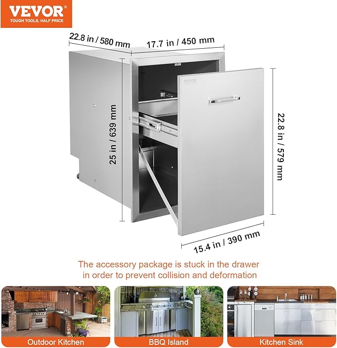 VEVOR Outdoor Kitchen Trash Drawer 17.7W x 25H x 22.8D Inch, Stainless Steel Trash Drawer with Handle and Pull-Out Tray, Outdoor Pull Out Kitchen BBQ Island, Trash Can NOT Included