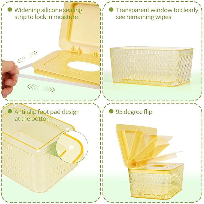 Wipes Dispenser, One-Handed Operation Wipe Holder for Baby & Adult, Seal-Designed Wipes Container for Bathroom Keep Diaper Wipes Fresh (Yellow)