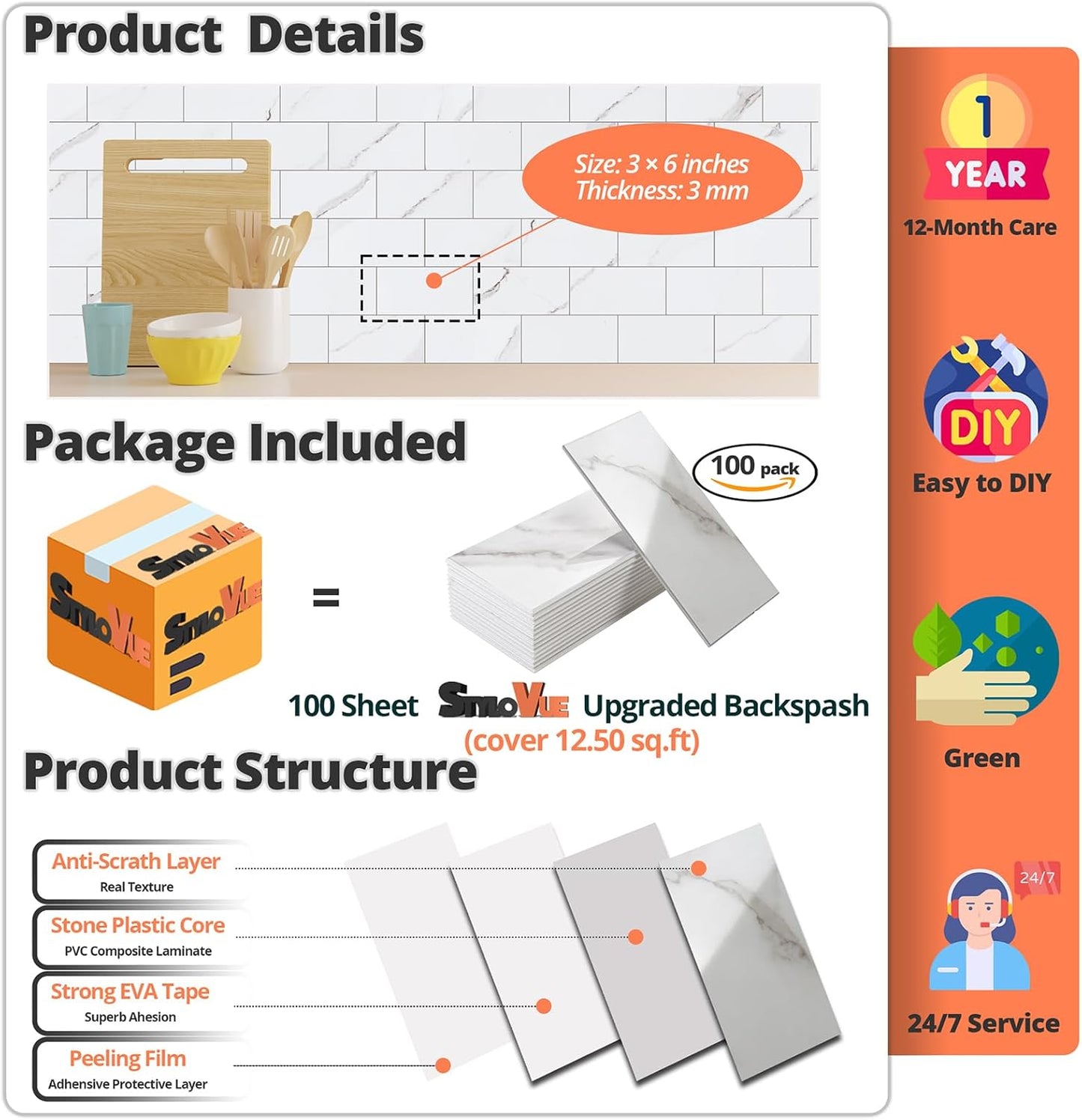 100 Pieces Peel and Stick Backsplash for Kitchen, 3" x 6" PVC Subway Tile 2025 Upgraded Glossy White Marble with White Grout Backsplash Stick on Tile Elevate Kitchen Fireplace RV