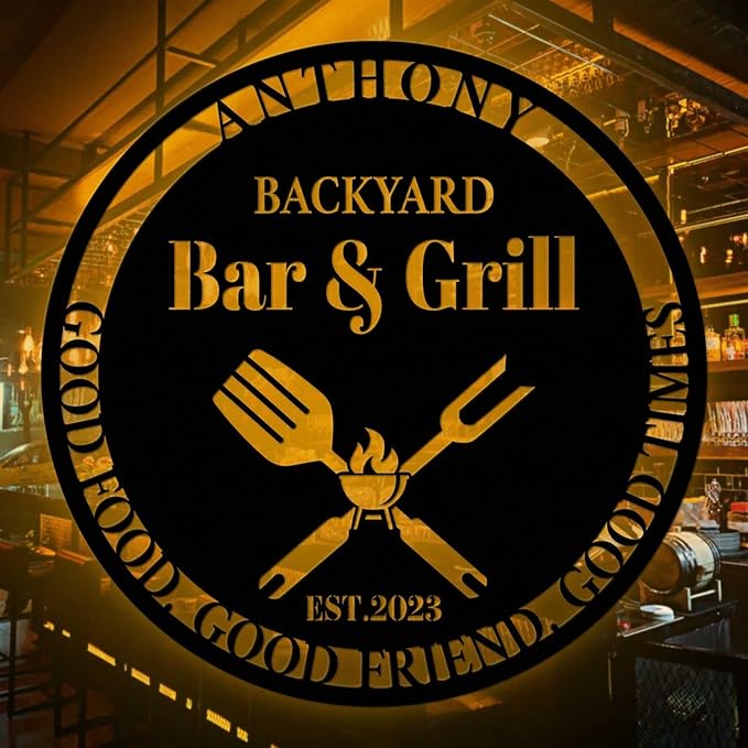 Custom Backyard Bar & Grill Sign - Personalized LED Light Up BBQ Sign, Barbecue Metal Wall Art, Neon Grill Decor for Patio, Man Cave, Home Bar