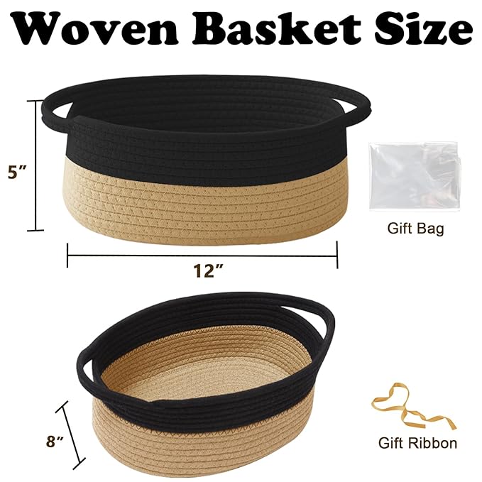 Gift Basket with Gift Bag and Ribbons,Small Rope Woven Shelf Storage,Baskets for Gifts Empty,Birthday,Baby Shower,Decorative Organizer Box with Handles(Black&Jute)