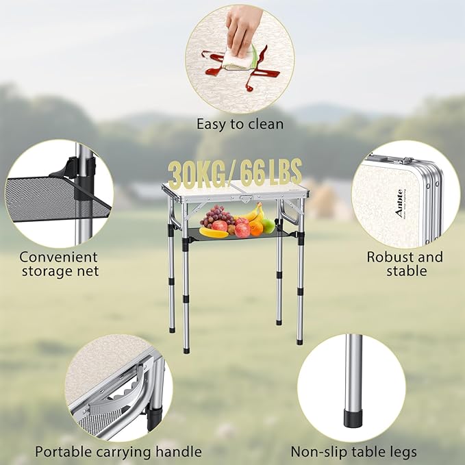 Anbte Folding Camping Table, Aluminum 24" x 16" Adjustable Height Small Folding Table with Carrying Handle, Lightweight, Portable Camping Table Waterproof for Outdoor Indoor Picnic Beach BBQ, Silver