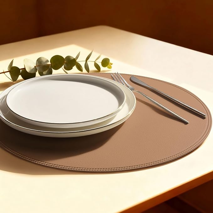 Round Vinyl Pink Placemats Set of 6, Faux Leather Waterproof Wipeable Heat Resistant Place Mats, Washable Table Mats for Halloween, Thanksgiving & Christmas Dinner(Pink)
