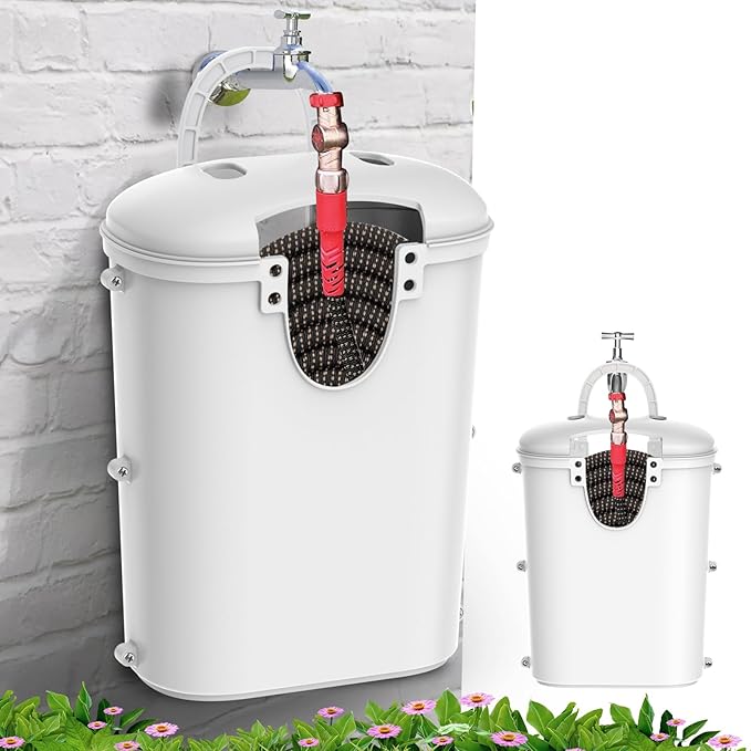 Riokko Garden Hose Holder Bucket, Hose Storage, Water Hose Storage for Outside, Hose Box Fits 25FT Heavy Duty/100FT Expandable/50FT Flat/50FT Stainless Steel Hoses, Hanging Handle & Drain Hole Design