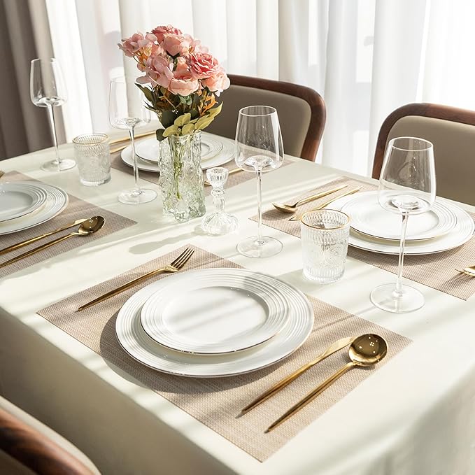 Placemats Set of 12 Vinyl/Plastic Woven Place Mats for Kitchen Table Indoor/Outdoor Washable Placemat Wipeable Dining Table Mats (Beige,12)