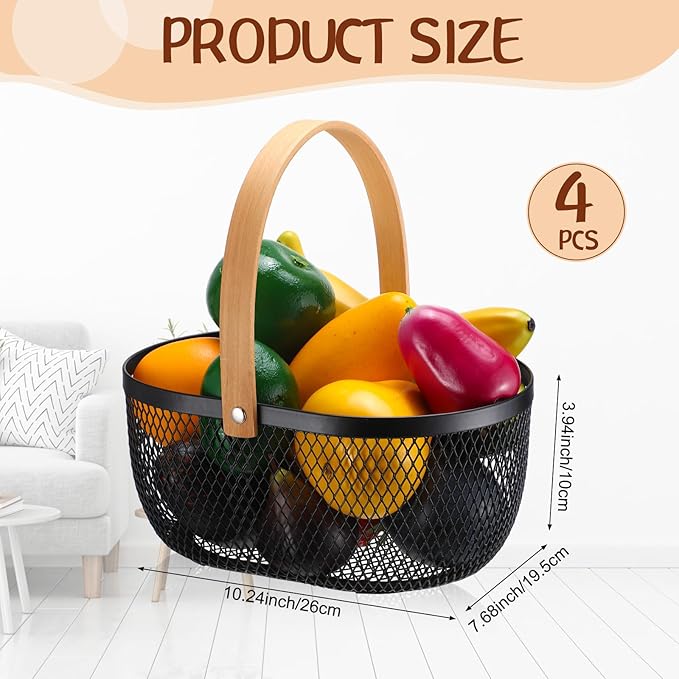 Maxcheck 4 Pcs Oval Metal Wire Storage Basket with Handle for Gathering Vegetables Multi Functional Mesh Basket for Kitchen Bathroom Picnic Home, 10.24 x 7.68 Inch(Black)
