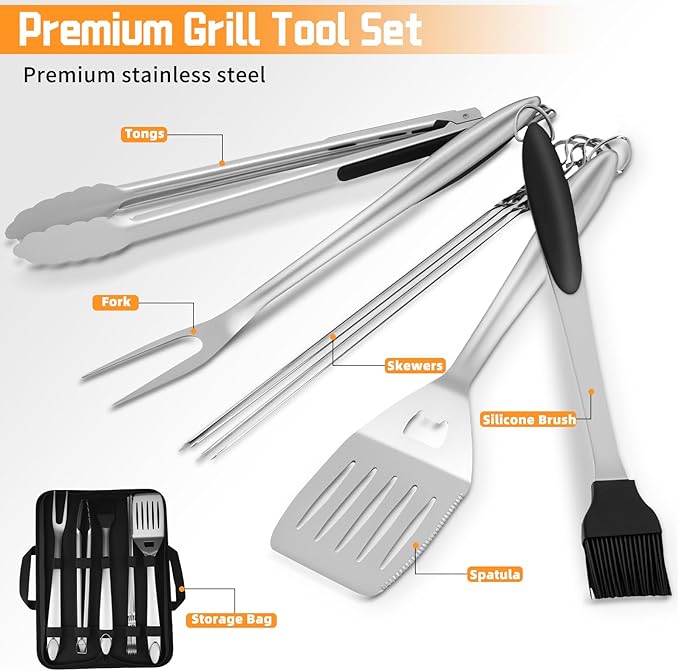 9Pcs Heavy Duty Stainless Steel Grill Accessories, Professional Barbecue Accessories BBQ Grill Tools Set with Portable Bag, Grilling Gifts for Men Dad Him,BBQ Utensils for Backyard Outdoor Camping