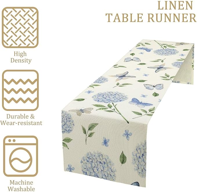 Spring Hydrangea Table Runner, Summer Moth Watercolor Sky Blue Butterfly Flowers Rustic Farmhouse Garden Print Table Cover for Kitchen Dining Room Table Home Party Decor,13x36inch