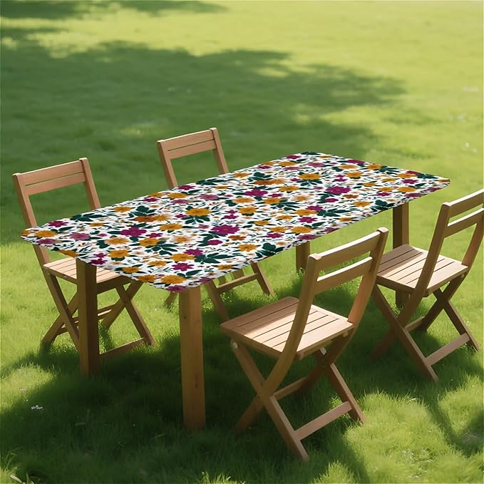Rectangle Table Cloth Cover Waterproof Elastic Fitted Polyester Fitted Tablecloths for 4 Foot Tables for Indoor,Picnic, Camping, Outdoor （48" x 30"，Floral Print）