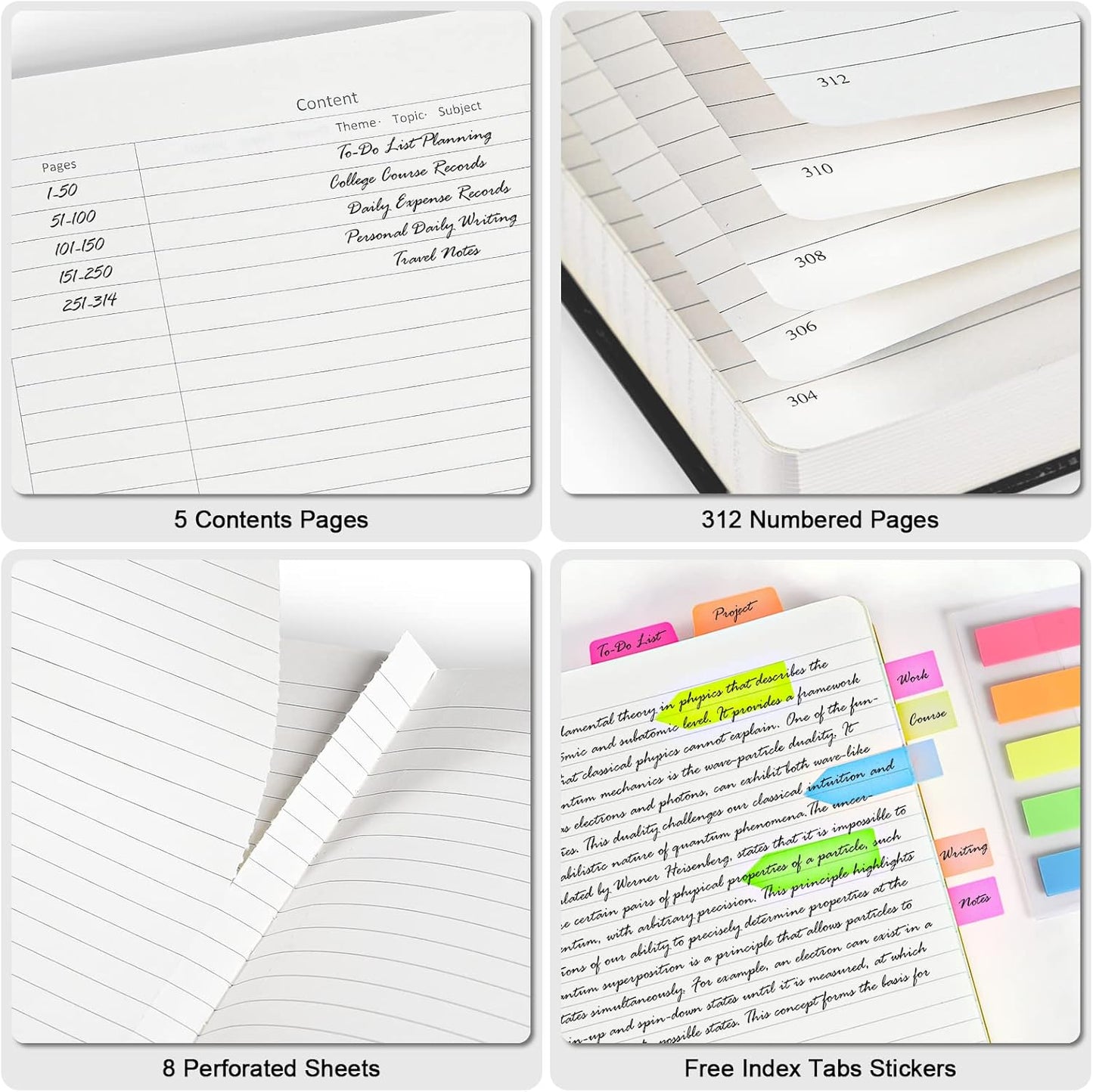 College Ruled Notebook, Large B5 Lined Journal Notebook, 314 Numbered Pages Work Notebook with Index Stickers, 100gsm Thick Paper, Hardcover Vegan Leather Journal for Women Men School Office, Blue