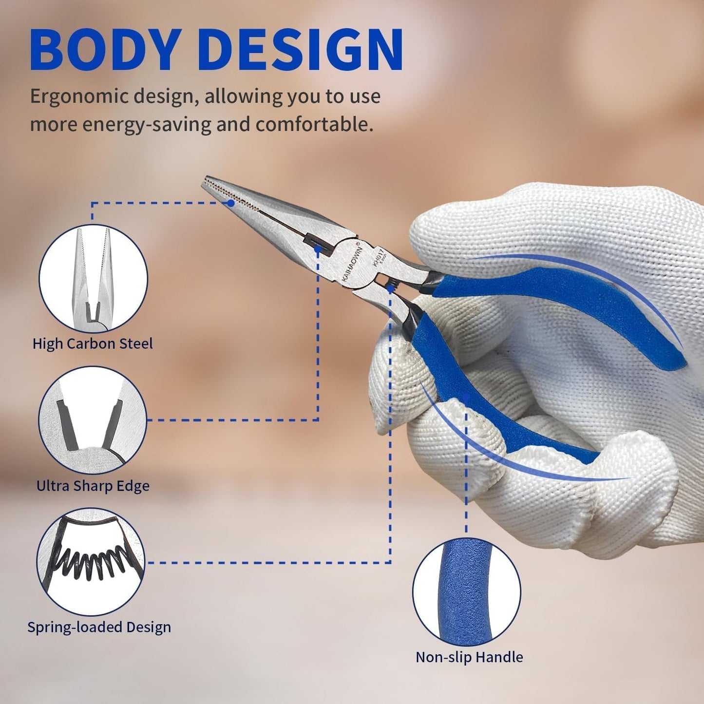 KAIHAOWIN 4-Piece Pliers Set, 5" Long Nose, 5" Flush Cutters, 6" Wire Cutter, 7" Wire Strippers, Small Hand Tools for Crafting Repairing Cutting