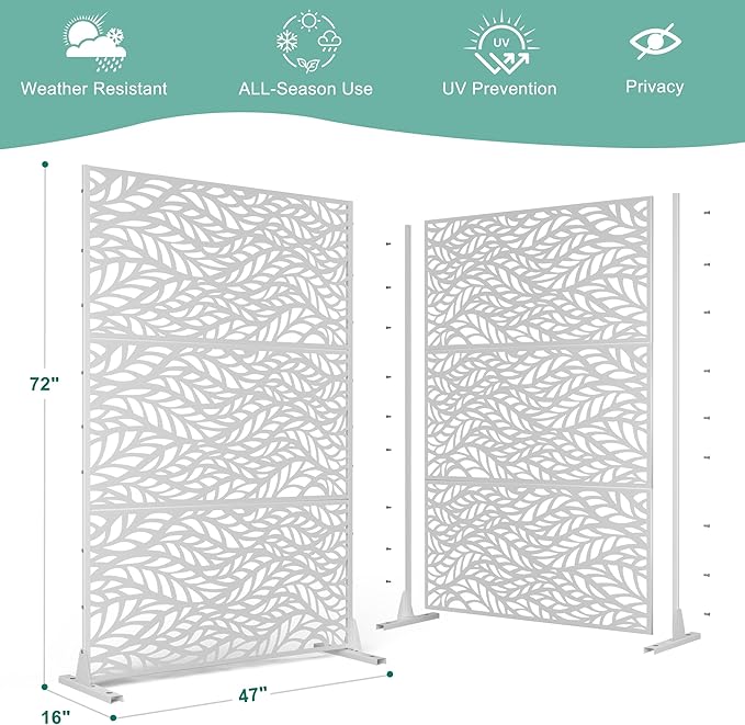 Metal Privacy Screen for Outdoor & Indoor Use, Free Standing Privacy Screen for Patio Garden Pool, 72" H x 47" W Decoative Privacy Panels, Weather Resistant, Easy Assembly (White Spring)