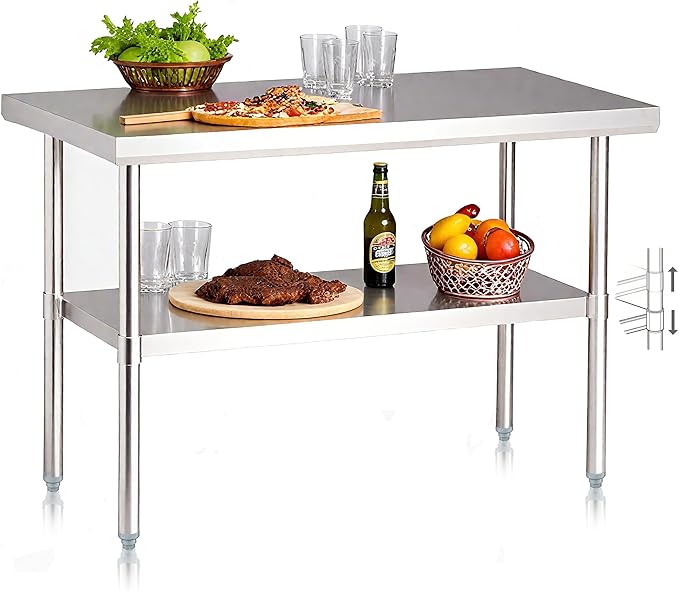 NUUK Stainless Steel Worktable 24" x 48" Kitchen Food Prep Grill Work Table Heavy Duty Commercial Workstation Adjustable Height for Restaurant, Home and Hotel