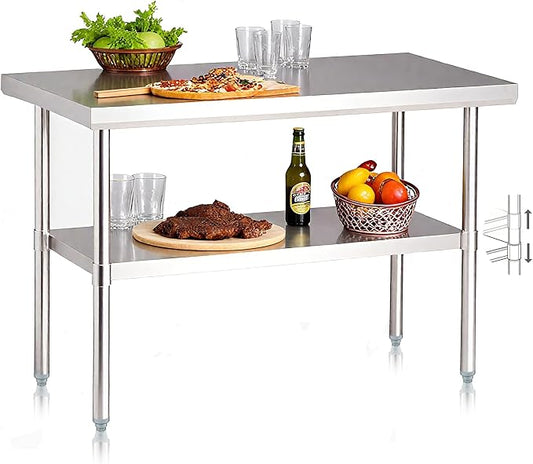 NUUK Stainless Steel Worktable 24" x 48" Kitchen Food Prep Grill Work Table Heavy Duty Commercial Workstation Adjustable Height for Restaurant, Home and Hotel