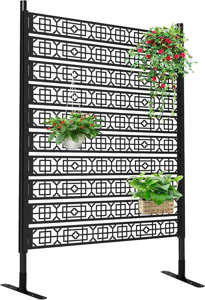6FT Metal Privacy Screen for Outdoor, Kalolary Privacy Fence Screen Freestanding Steel Privacy Fence Panels with Stand Decorative No-dig Space Divider Fence for Patio Balcony Backyard Indoor