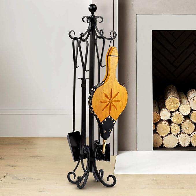 TJ.MOREE Fireplace Bellows Indoor 19"x 8" Large Wood Fire Blower with Hanging Strap, Long Handle, Metal Nozzle, Great Tool for Fireplace, Fire Pit, Wood Stove, BBQ, Outdoor Camping - Carving