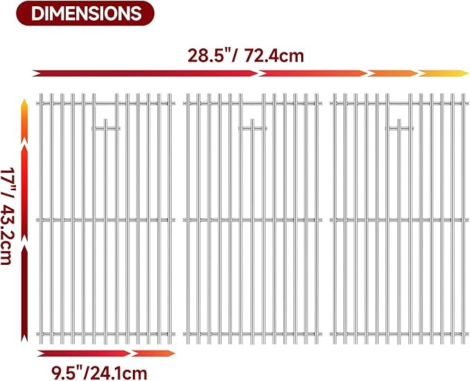 17''D x 28.5''W Grill Grates Replacement for Char-Broil 463242715,Silver Stainless Steel Grill Grate for Nexgrill 720-0882A,3Pack Grill Grates for Original Part Number: CHRG533-0009-W1