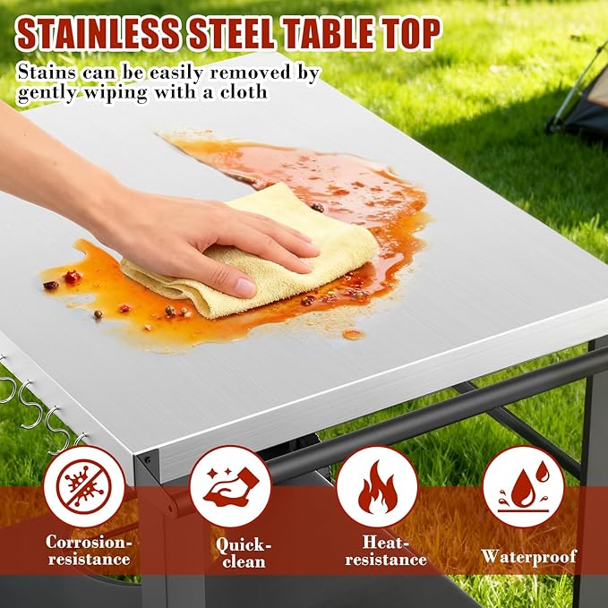 34" x 24" Movable Stainless Steel Flattop Grill Cart for Ninja Woodfire & Blackstone Griddles, Pizza Oven Table for Outside, Extra-Wide Stainless Steel Cart with Wheels for Kitchen Food Prep Table