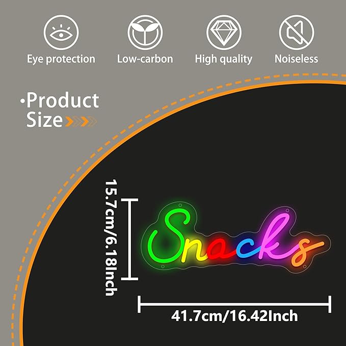 Snacks Neon Sign, Snack Bar Sign for Wall Decor, Colorful Snacks Neon Light Sign for Cake Candy Shop Coffee Bars, Dimmable USB Powered Light Up Sign