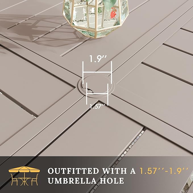 VICLLAX Round Patio Table with Adjustable Umbrella Hole for 8, All Weather Metal Outdoor Dining Table for Lawn Garden, 59.8" Outdoor Coffee Table, Cream Color Frame