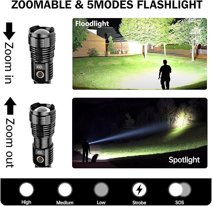 Flashlights High Lumens Rechargeable, 10000LM LED Super Bright Flash Light, Zoomable Linternas with LCD Digital Display, 5 Mode, Waterproof, Powerful Tactical Flashlight for Emergencies Camping Gift