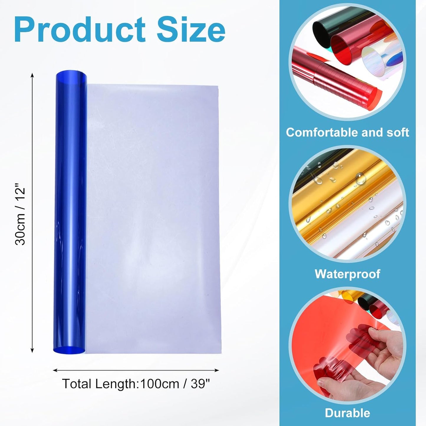 MECCANIXITY Iridescent Window Film,12" x 39" Iridescent Holographic PVC Fabric Dichroic Film Clear Vinyl Paper Roll for DIY Craft Gift Wrapping Bag Decoration,Blue