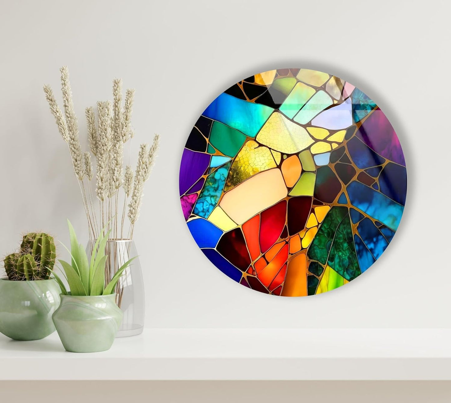 My Photostation.com 15.8''(40cm) Diameter Multicolor Round Stained Glass Wall Art Vibrant Mosaic Abstract Panel Tempered Glass Printing Wall Decor Large Wall Art Wall Hangings