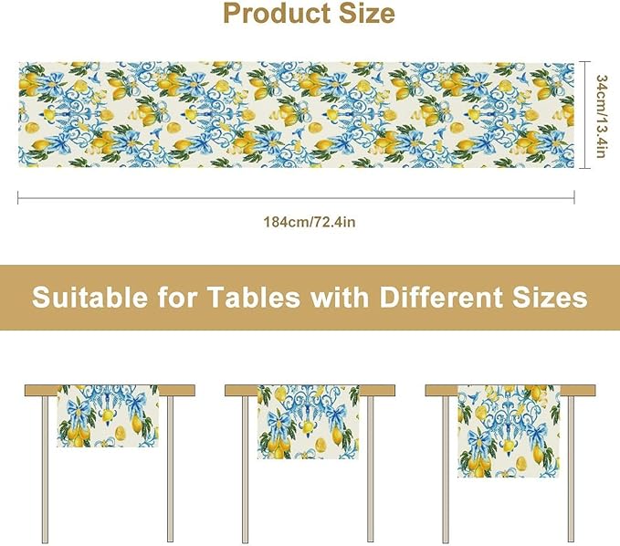 Lemon Table Runner, Summer Hummingbirds Flower Bows Print Table Runner for Farmhouse Coffee Home Kitchen Dining Outdoor Party 13x120in