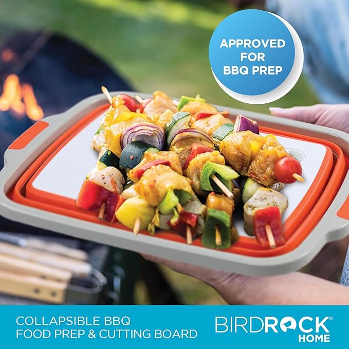 BIRDROCK HOME 2-pack Collapsible BBQ Prep Tub w/Cutting Board, Multi-Function Grill Caddy w/Colander & Lid, Portable Silicone Dish Bowl for Picnic, Tailgate, Camping (Orange, Large)
