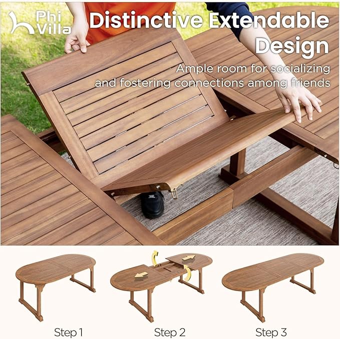 PHI VILLA 9 Pieces Acacia Wood Outdoor Dining Set for 8, Expandable Teak Wooden Table & Chairs, Large Farmhouse Furniture Set for Patio, Deck, Backyard, Porch