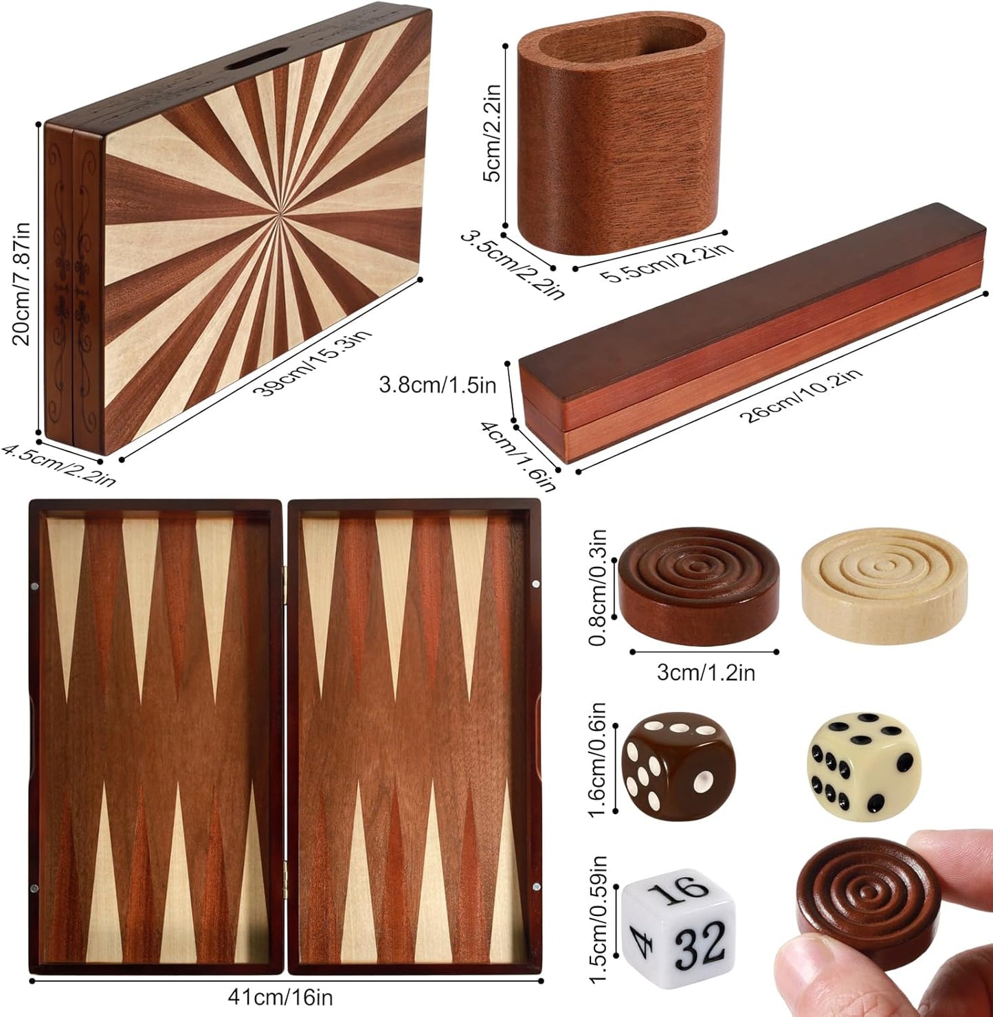 Wooden Folding Backgammon Set - Large 15.75" (40cm), Handcrafted Exquisite Design, Perfect for Adults & Kids, Ideal for Backgammon Enthusiasts