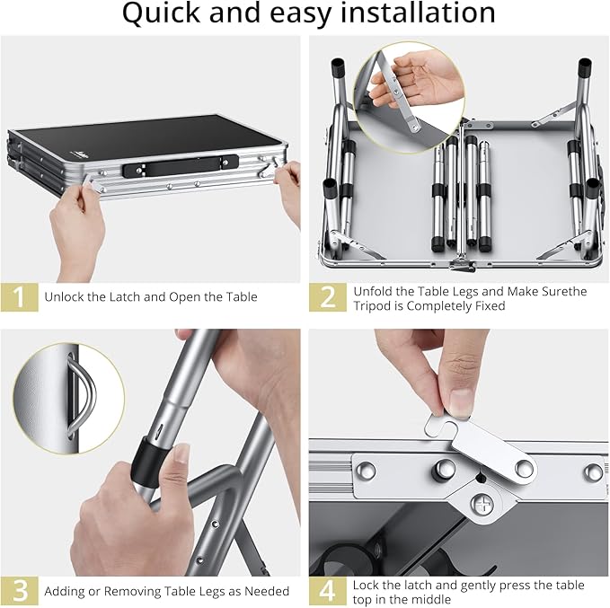 Anbte Folding Camping Table, Aluminum 24" x 16" Adjustable Height Small Folding Table with Carrying Handle, Lightweight, Portable Camping Table Waterproof for Outdoor Indoor Picnic Beach BBQ (Black)