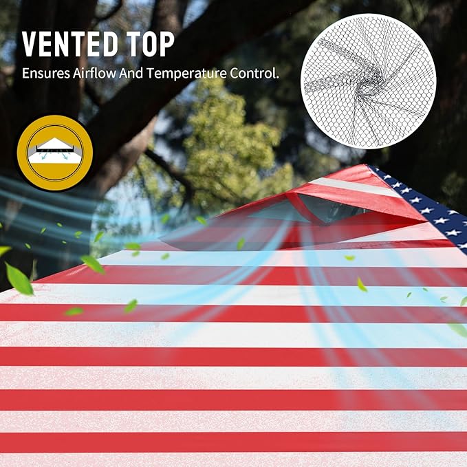 CROWN SHADES 10x10 Pop Up Canopy - Beach Tent with One Push Setup - Easy Outdoor Sun Shade for Events, Parties, Camping - Gazebo with STO-N-Go Cover Bag, Silver Coated Top, American Flag