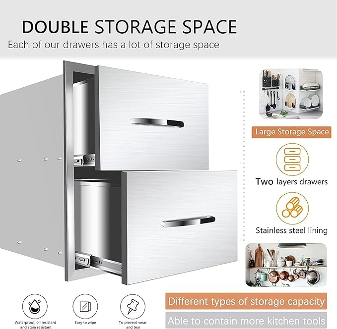 Outdoor Kitchen Drawers, Box Frame Style Flush Mount BBQ Drawer w/Stainless Steel Handle, BBQ Island Drawers For Patio Grill Station,Double Drawers
