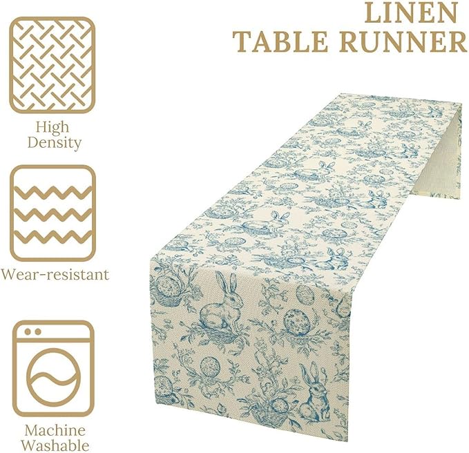 Easter Table Runner,Vintage Blue Beige Bunny Rabbit Easter Eggs Floral Spring Seasonal Table Center Decor for Family Kitchen Living Room Outdoor Farmhouse Party Table Decorations, 13"x90"