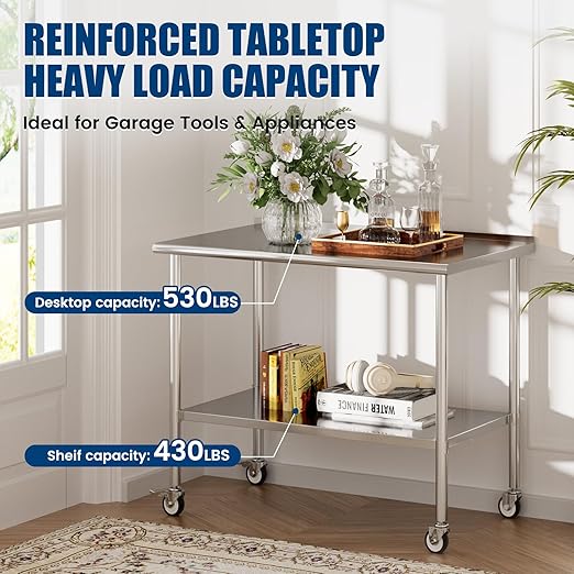 Stainless Steel Work Table with Wheels, 30x60 Inch NSF Food Prep Table with Backsplash & Adjustable Undershelf for Commercial Kitchen, Restaurant, Garage