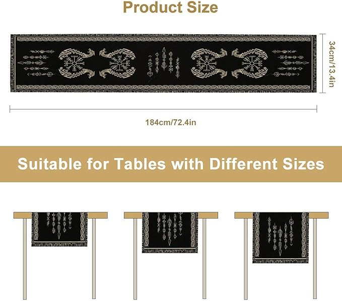 Viking Table Runner, Raven Ancient Rune Dragon Totem Norse Mystical Geometric Table Runner for Kitchen Dining Party Holiday Banquet 13x70in