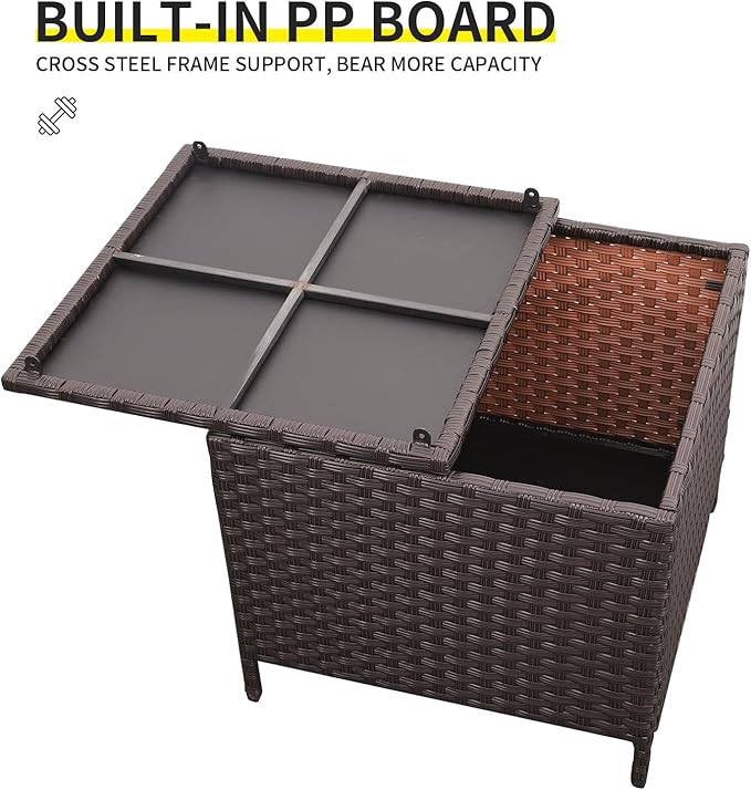 Outdoor Wicker Storage Side Table, Patio Brown PE Rattan End Table with Storage, Square Container for Furniture Covers, Toys, and Gardening Tools