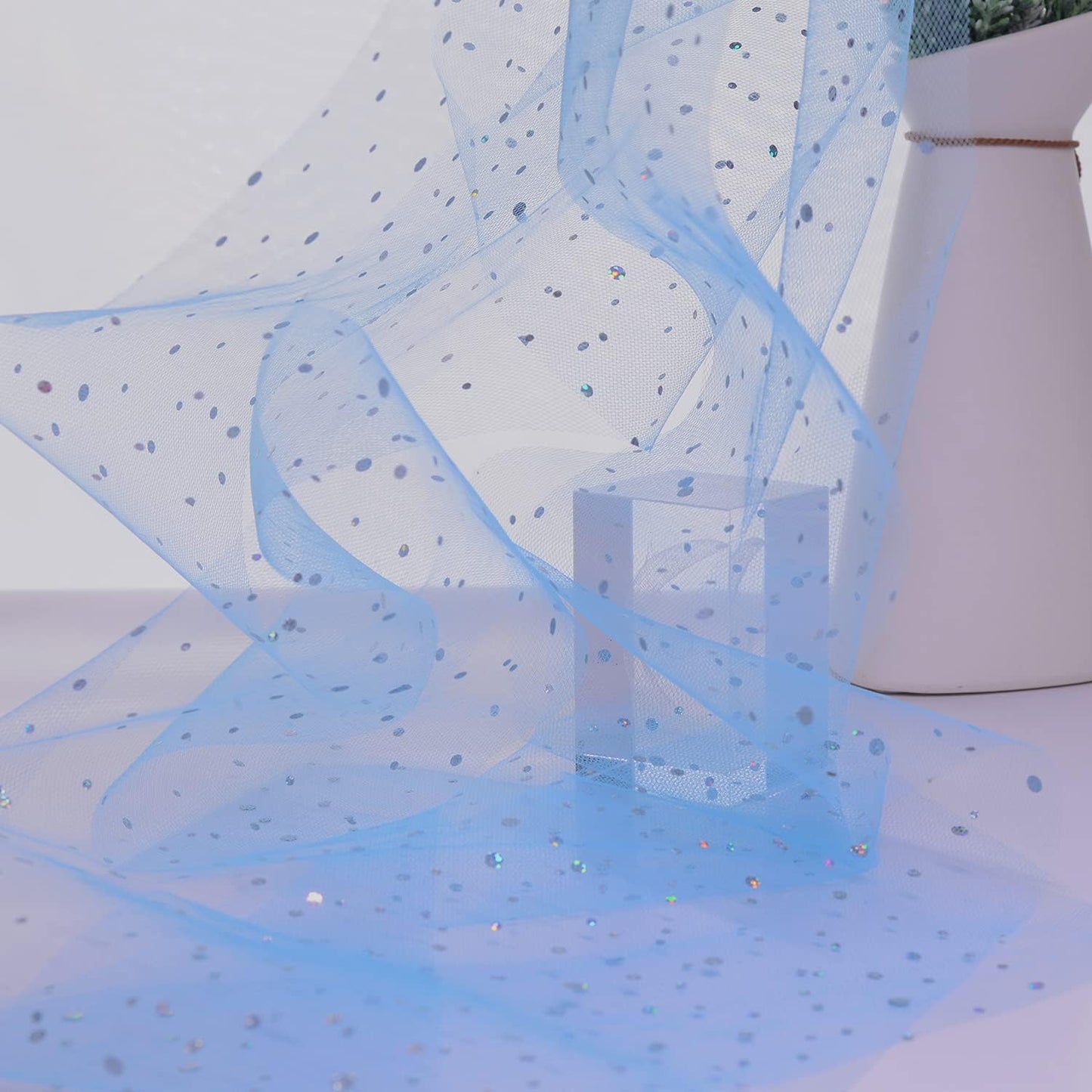 Glitter Tulle Rolls, 6” by 50 Yards (150FT) Sequin Tule Netting Fabric Tulle for Tutu Skirts Sewing Birthday Wedding Party Decoration (Light Blue)