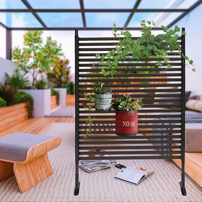 Outdoor Freestanding Privacy Screen, 43" W x 59" H Metal Slatted Decorative Panel With Stand, Brown Backyard Screen for Garden Patio