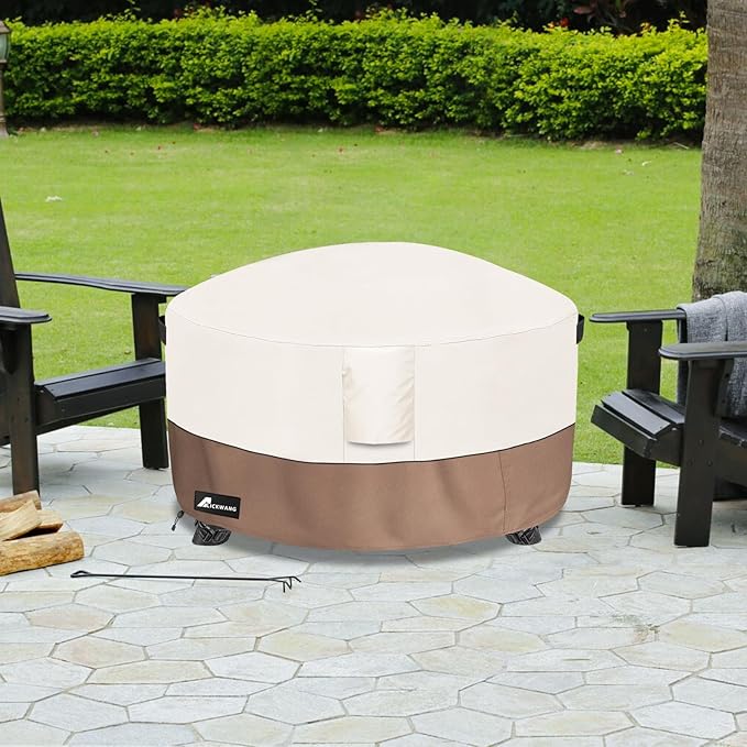 Fire Pit Cover Round 36 Inch Waterproof,Outdoor Heavy Duty Durable 600D Tear-Resistant Fire Pit Table Cover,Patio Round Firepit Cover 36" D x 24" H, Beige