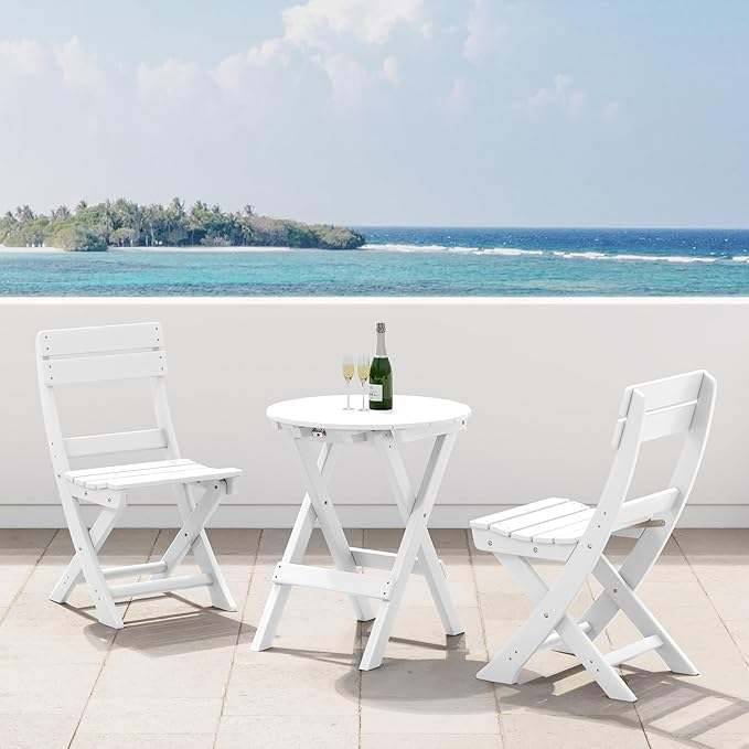 Costaelm Paradise 3-Piece Outdoor HDPE Folding Patio Bistro Table and Chairs, White