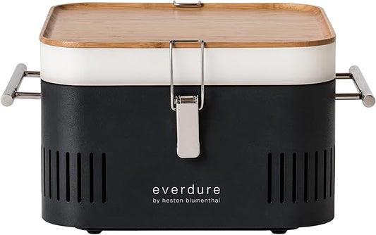 Everdure CUBE Portable Charcoal Grill, Tabletop BBQ, Perfect Tailgate, Beach, Patio, or Camping Grill, Lightweight & Compact Small Grill with Preparation Board & Food Storage Tray, Graphite