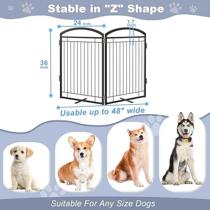 Full Metal Free Standing Dog Gate with Door for Indoor Outdoor, 48'' Extra Wide 36'' Tall Dog Gate for Doorways,Large Openings,Decks,Pet Puppy Freestanding Safety Fence(2 Panels,Black)