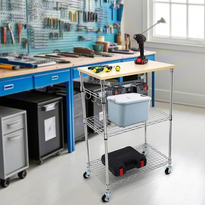 Chrome 3-Tier Rolling Kitchen Cart with Wheels 14" D x 24" W x 34" H and Wood Board Tabletop and 4 Hooks, 300 Pound Capacity, Great for Coffee Cart, Food Service Cart or Utinity and More.