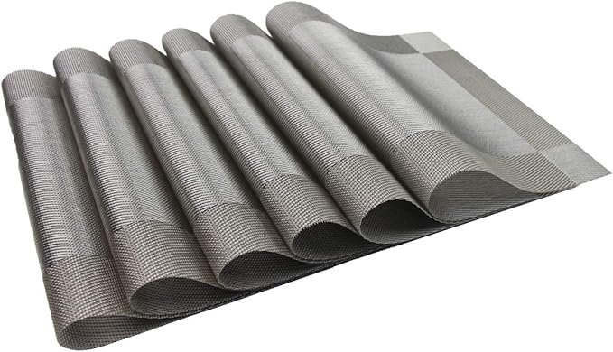 PIGCHCY Place Mats Heat-Resistant Non Slip Table Mats - Easy Wipe Clean Woven Vinyl Placemats for Dining Table Set of 6 (Grey Silver)