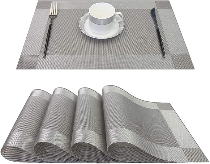 PIGCHCY Placemats Heat-Resistant Non-Slip Washable Easy to Clean Woven Vinyl Placemats for Dining Table(Set of 4, Grey)
