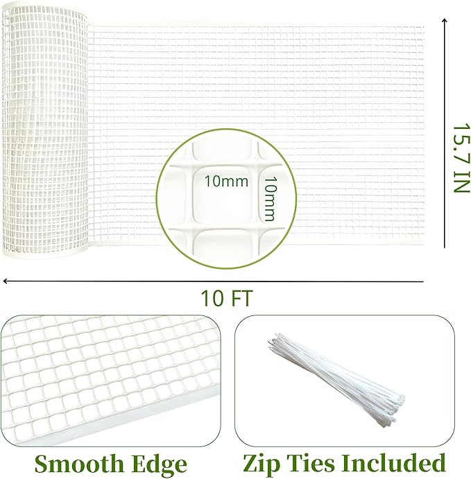 PotatoLife Plastic Wire Mesh Fence, Balcony Fence for Baby and Pets, Safety Fence, Stair Protector, Poultry, Garden, Tree Support, Durable Material, Free Zip Ties (White, 15.7'' x 10')